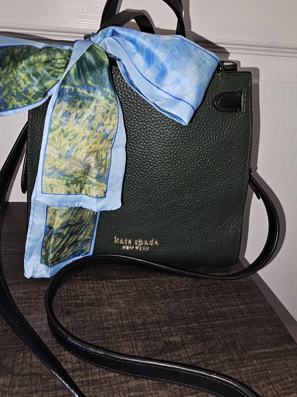 Kate Spade NY Leather Crossbody Bag with Blue Scarf Accent And Wallet